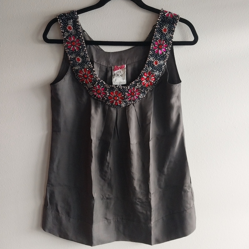 Anthropologie Yoana Baraschi Gray & Pink 100% Silk Floral Beaded Neckline Top